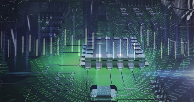 Glowing central metallic integrated circuit sending signals across green PCB, with binary overlay