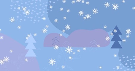 Naklejka premium Drifting white snowflakes forming central cluster across stylized winter hills, with pine trees