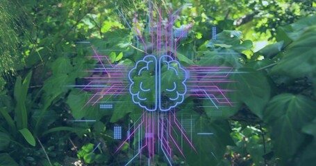 Fototapeta premium Projecting neon brain hologram hovering over leafy undergrowth, emitting magenta purple cyan traces