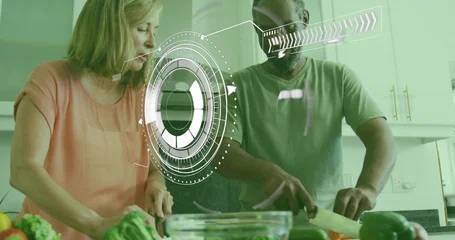 Fotobehang Koken Chopping couple wearing green tee, peach top preparing veggies in kitchen, with HUD and mixing bowl  © vectorfusionart
