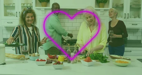 Fotobehang Koken Preparing meal, pouring wine, four adults cooking at kitchen island under magenta heart overlay  © vectorfusionart