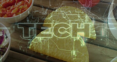 Displaying two folded corn tacos resting on wood table, with salsa, slaw, neon green TECH overlay