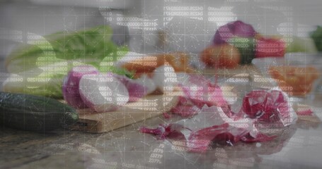 Displaying halved red purple onion with loose skins on wooden cutting board, showing data overlay © vectorfusionart