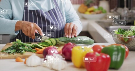 Slicing senior Indian striped apron light-blue top slicing cucumber at sink with knife social icons © vectorfusionart