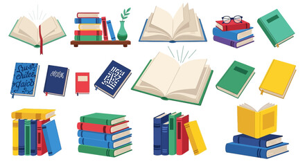 Colorful illustration of stacked and open books with reading glasses and a plant