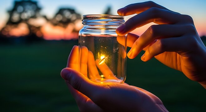 Hands holding a jar with a firefly at dusk glass jar