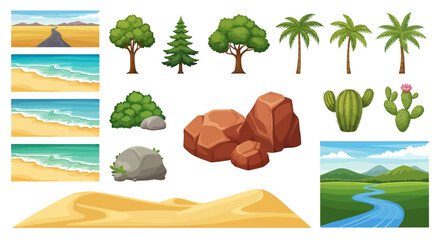 Collection of cartoon landscape elements including trees rocks desert and water