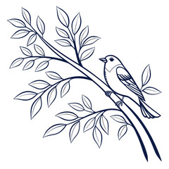 A delicate illustration of a bird perched on a branch with intricate leaves