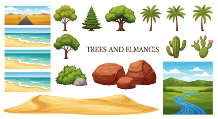 Collection of cartoon trees desert landscapes and cacti illustrations on white background
