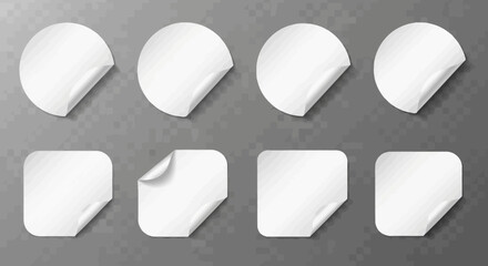 Collection of realistic blank white stickers with peeling corners on transparent background
