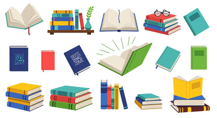 Colorful collection of open and stacked books glasses and writing tools