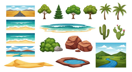 Collection of colorful cartoon landscape elements trees desert water and rocks