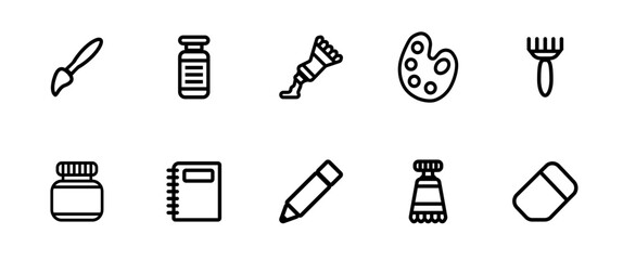 Fototapeta premium Drawing tool icons set. Paintbrushes, opened paint tube, notebook and palette.