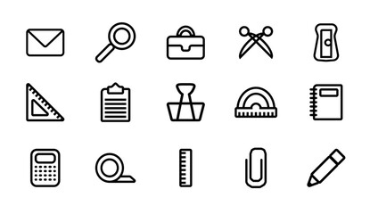 Fototapeta premium Office tools icon set. Pencil sharpener and tape, magnifying glass and ruler.
