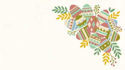 Obraz premium Decorative illustration featuring a collection of colorful, stylized easter eggs adorned with intricate geometric patterns and fresh spring foliage clustered in the corner.