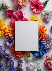 Square surrounded by colorful flower arrangement on white background