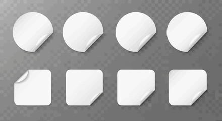 Collection of blank white stickers with peeled corners on a transparent background