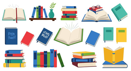 Colorful stack of books open volumes and reading glasses on a white background