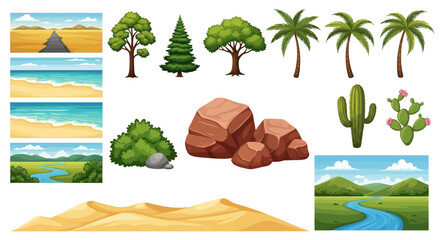 Collection of various landscape elements trees deserts oceans and cacti