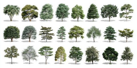 Collection of twenty-one assorted trees with green foliage on white background