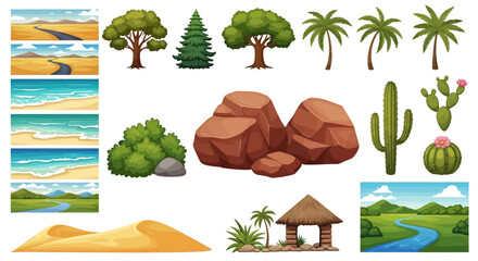 Collection of various natural landscape elements including trees deserts and beaches