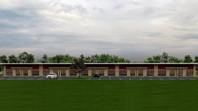 Modern Commercial Strip Mall and Office Building Exterior 3D Render with Parking Lot and Green Lawn