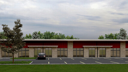 3D render of a modern commercial retail building with storefronts and a parking lot © Ahmad