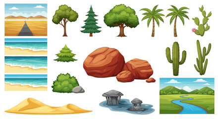 Various landscape elements including trees desert beach and rock formations