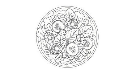 Healthy Fresh Salad Line Drawing with Greens, Tomatoes, Cucumbers, and Croutons