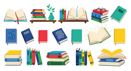 Colorful collection of open and stacked books with glasses and decorative elements