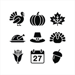 set of icons for travel, summer icons set, thanksgiving icons featuring pie pumpkin turkey acorn corn and leaf. © TAHSIN