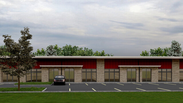 3D render of a modern commercial retail building with storefronts and a parking lot