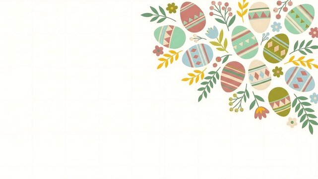 Charming corner border featuring assorted pastel-colored, decoratively patterned easter eggs surrounded by delicate spring foliage and small floral elements creating a festive design.