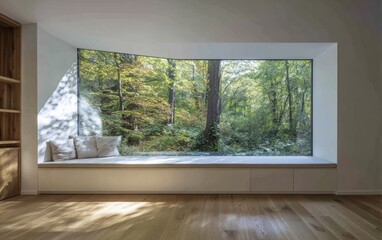 Window seat views forest; nature-filled interior
