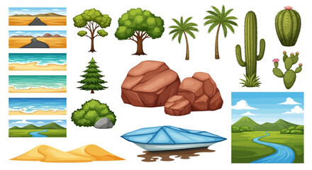Collection of diverse landscape elements including deserts trees cacti and bodies of water