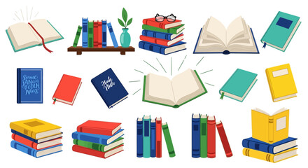 Colorful collection of open and stacked books with glasses and decorative elements