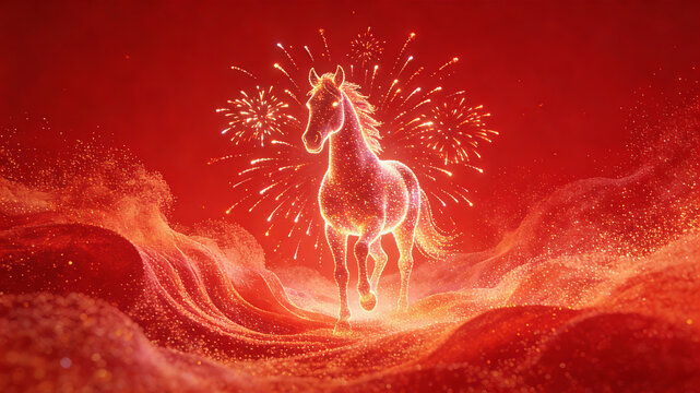 Glowing Zodiac Horse with Fireworks on Red Gold Background Chinese Lunar New Year Prosperity