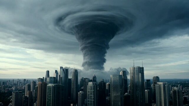 A dramatic tornado looms over a city skyline, illustrating nature's powerful force and unpredictable storms.
