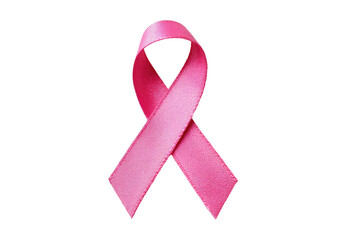 A close-up of a pink ribbon, a symbol for breast cancer awareness, set against a black background