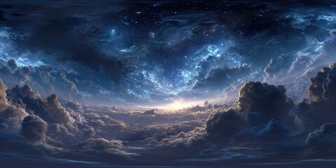 Panoramic view of fluffy clouds, starlit sky, and distant glowing horizon