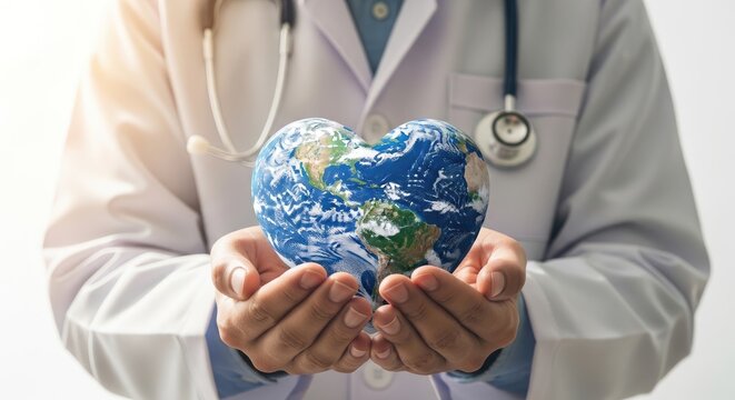 World health day global healthcare and wellness concept with doctor holding earth as a heart