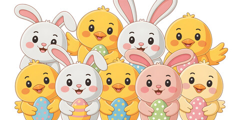 Obraz premium Easter bunnies and chicks celebrating spring holding eggs