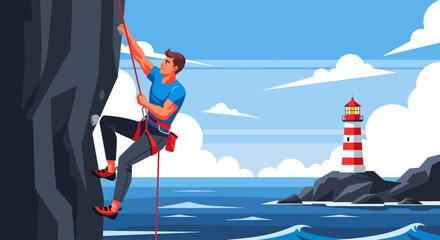 A climber scales a rugged cliff overlooking the ocean, where a red-and-white lighthouse stands on a distant rock amidst crashing waves and fluffy white clouds © Skyframe