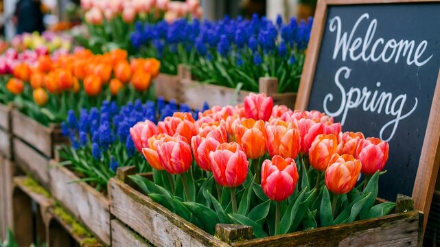 Vibrant display of orange and red tulips blooming beautifully next to a chalkboard sign welcoming the arrival of the cheerful spring season at an outdoor market.