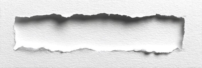 Torn paper reveals a bright, rectangular opening with jagged edges on gray