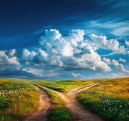 Forked dirt path through wildflower meadow under cloudy blue sky
