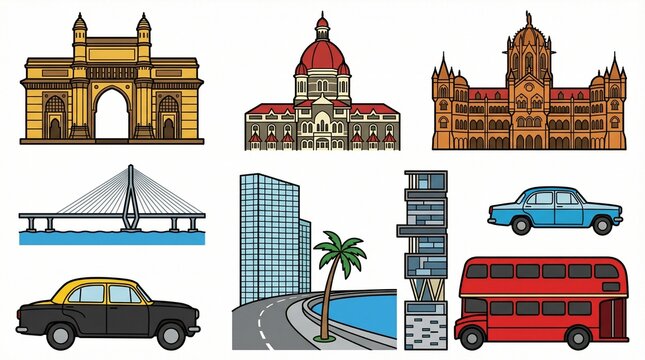 Mumbai skyline vector set. 9 isolated colorful clipart icons. Gateway of India, Taj Hotel, CST, Sea Link, Antilia. Funny cartoon travel illustration collection on white background.