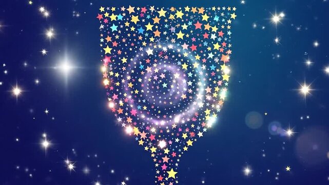 Abstract illustration of a goblet shape formed by colorful stars against a dark blue background.