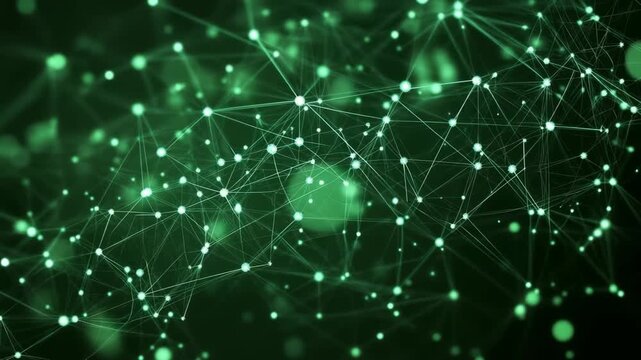 Abstract green technology background with glowing lines and dots forming an interconnected network representing data science and artificial intelligence concepts