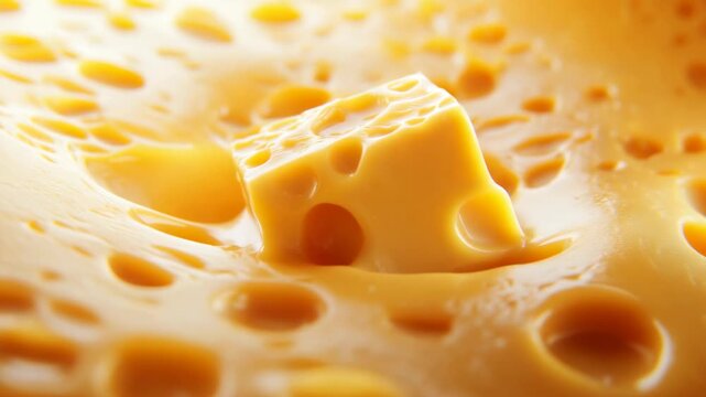 A detailed close up shows a bright yellow cheese cube with prominent holes resting on a soft textured base of more golden cheese with various indentations